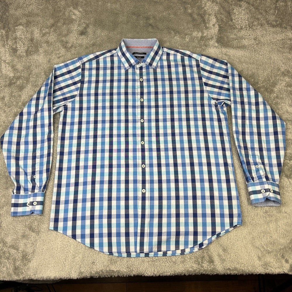 Bugatchi Shirt Mens Extra Large Blue Plaid Preppy Button
